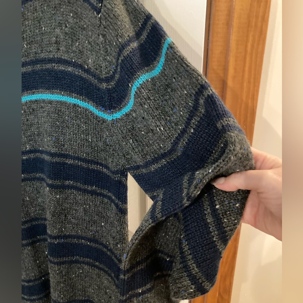 Men’s striped cardigan, sweater, with buttons (black, gray, & stripe of aqua)